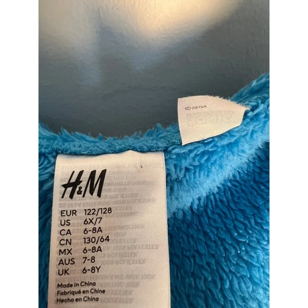 H&M Sonic the Hedgehog Blue Fleece Hooded One Piece Pajama Union Suit Kids 6X‎ 7